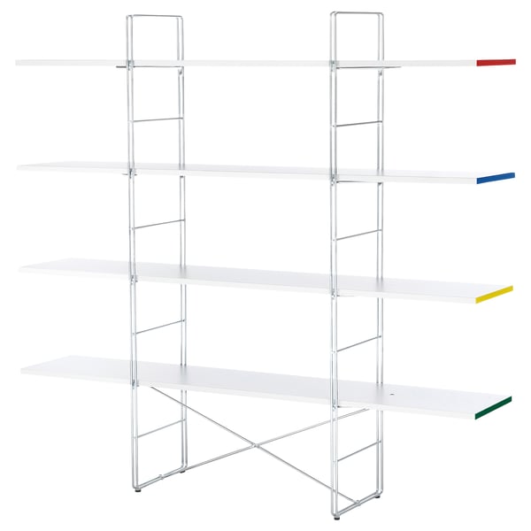 BYAKORRE bookshelf: silver metal framework, white shelves, adjustable feet for stability.