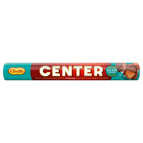 Image shows a chocolate bar labelled centre with salted caramel filling.