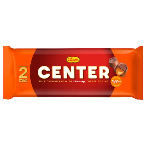 Orange & red centre wrapper with chocolate bar and toffee filling.