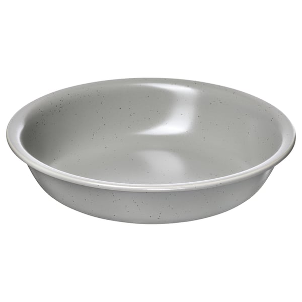 A light grey, round, stoneware bowl with a speckled design and slightly curved edges.