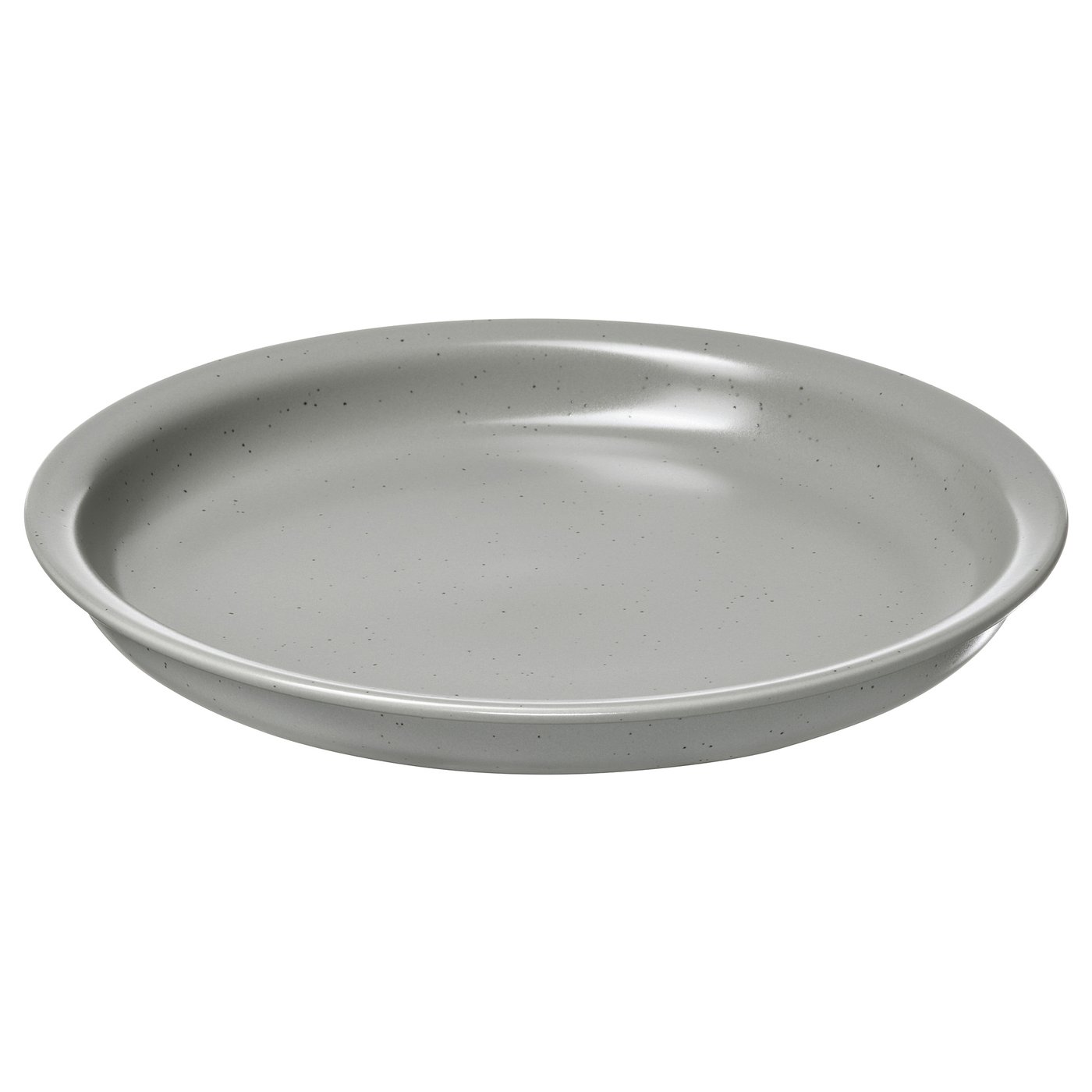 A round, grey ceramic plate with a rustic, speckled finish. It has a simple, slightly elevated edge.