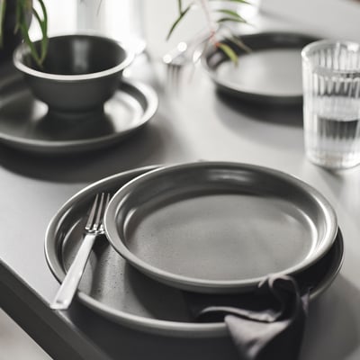 DAGGASTER grey stoneware set: plate, bowl, mug with fork & napkin.