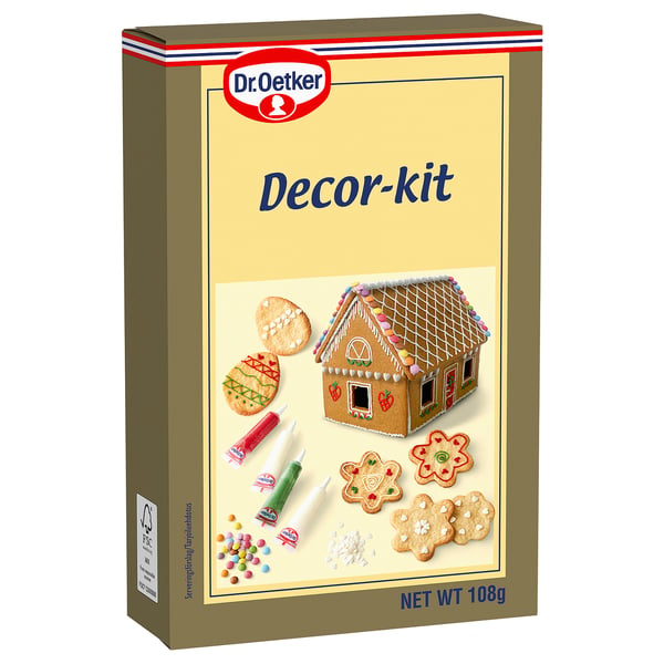 Box of dr. Oetker decor-kit, a food kit for decorating baked goods, shown with icing and cookies.