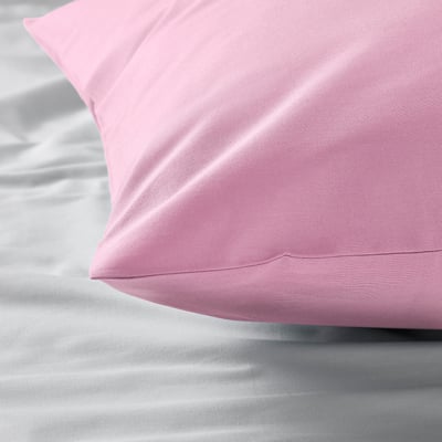 Two pink, rectangular DVALA pillowcases stacked neatly, smooth silk-like texture, 100% cotton.