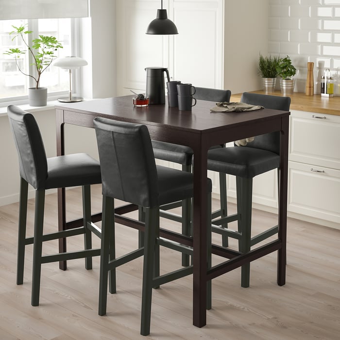 EKEDALEN / BERGMUND bar table and 4 bar stools, dark brown/Glose black