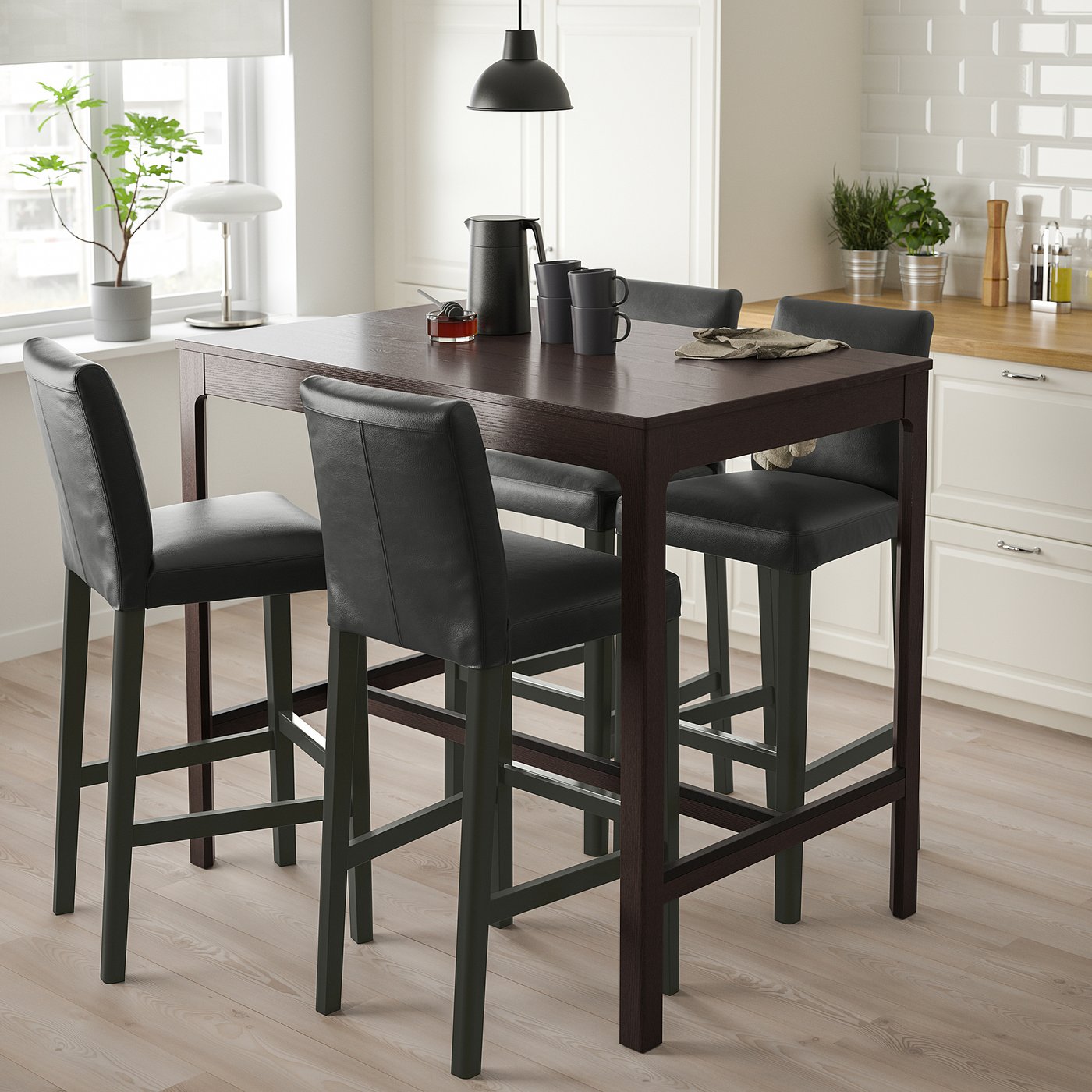 EKEDALEN / BERGMUND bar table and 4 bar stools, dark brown/Glose black