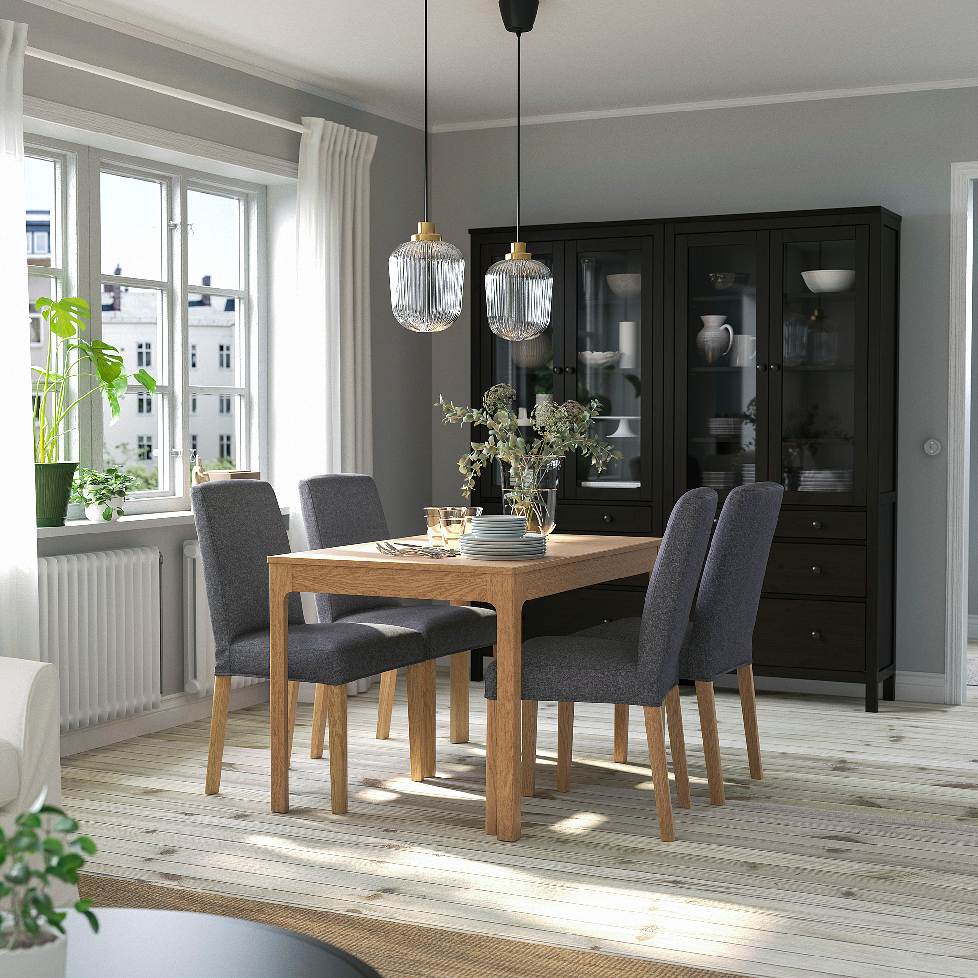 EKEDALEN / BERGMUND Table and 4 chairs, oak effect/Gunnared medium grey, 120/180 cm