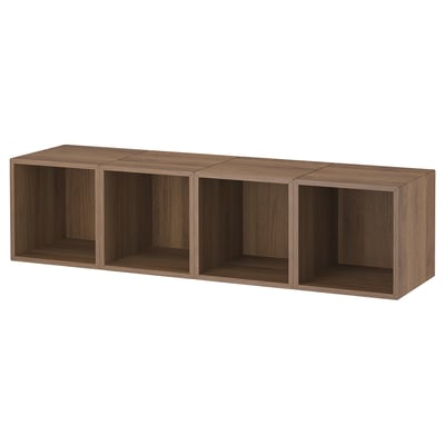Brown wooden cube shelves, modular storage furniture.