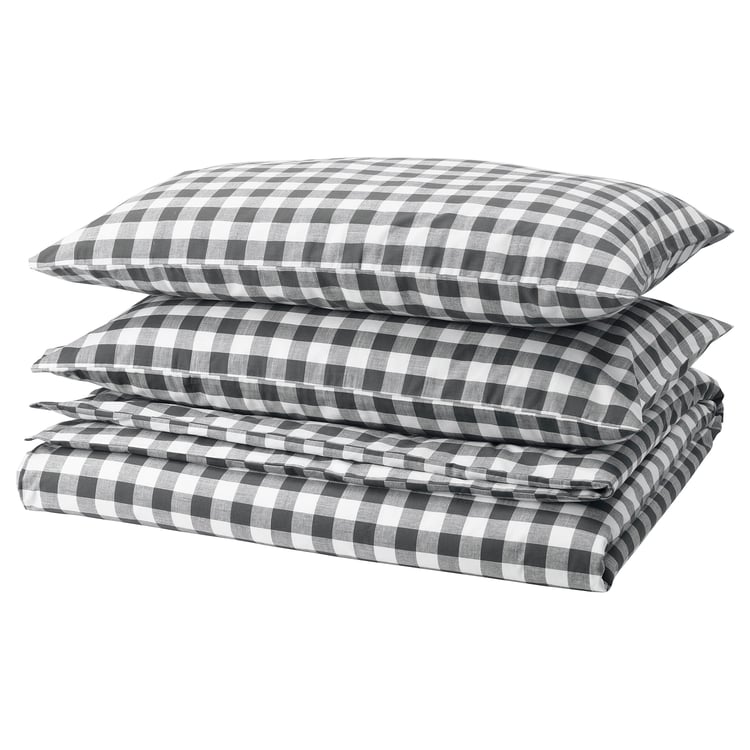 EKTANDVINGE Duvet cover and 2 pillowcases anthracite white/check IKEA