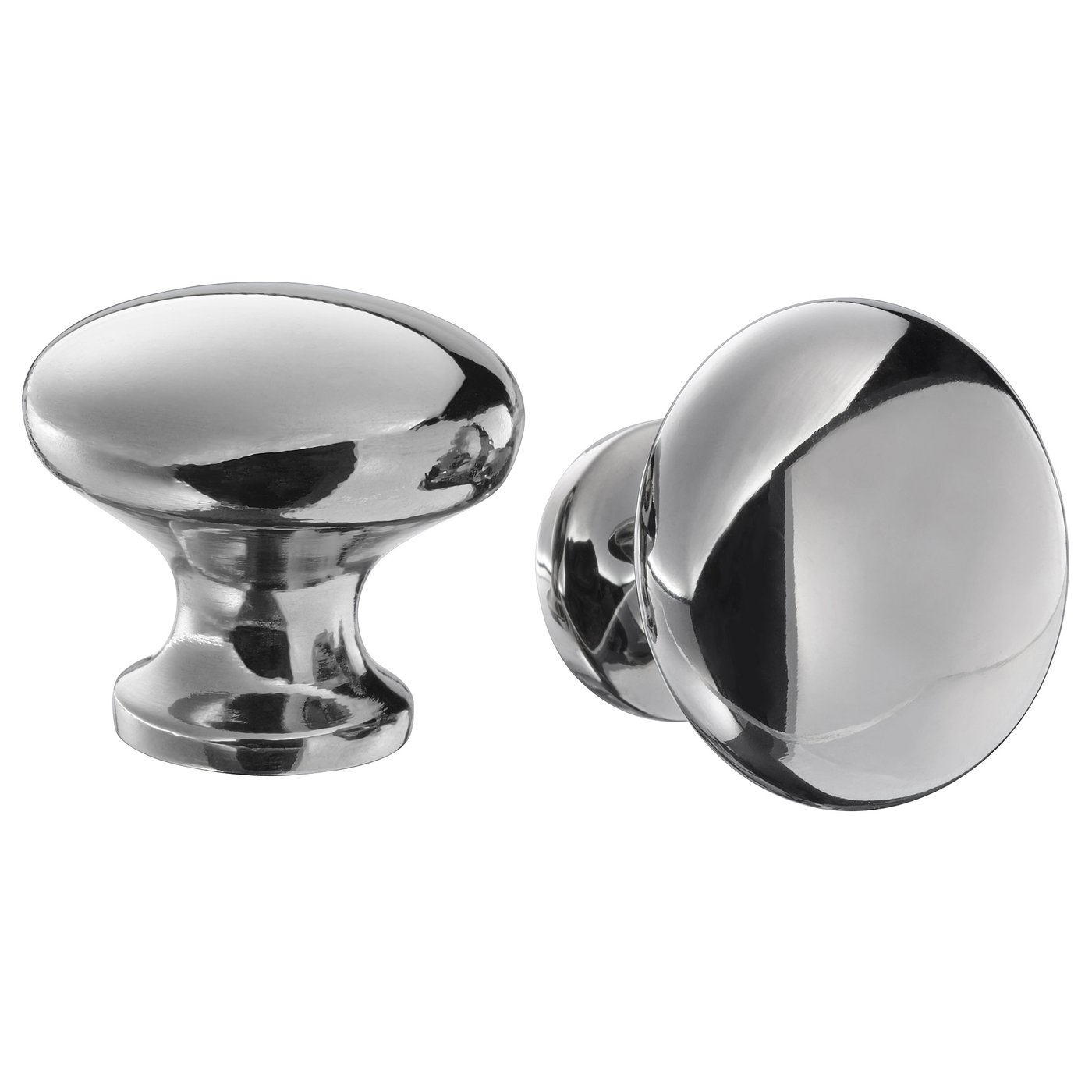 Two shiny silver ENERYDA cabinet knobs; sleek, rounded designs, polished aluminium finish.