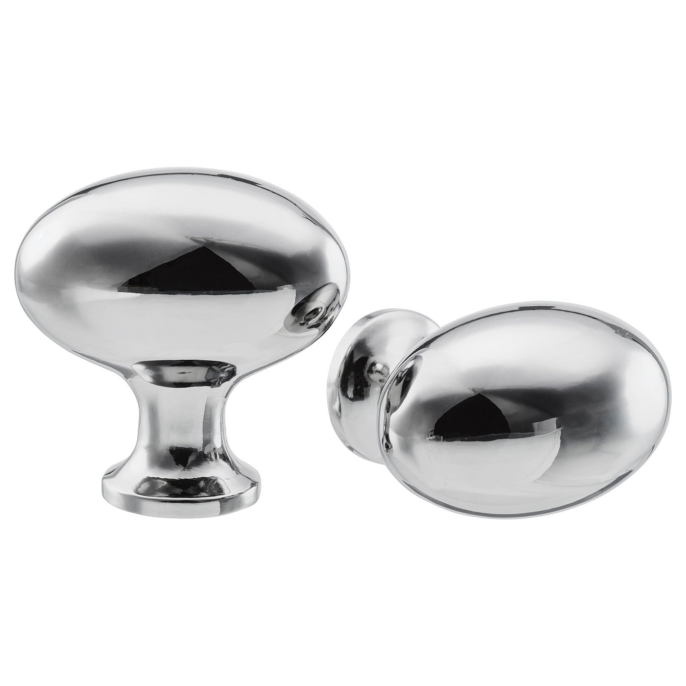 Two shiny chrome cabinet knobs, one round with flared edges and the other more elongated, showcasing a traditional design.