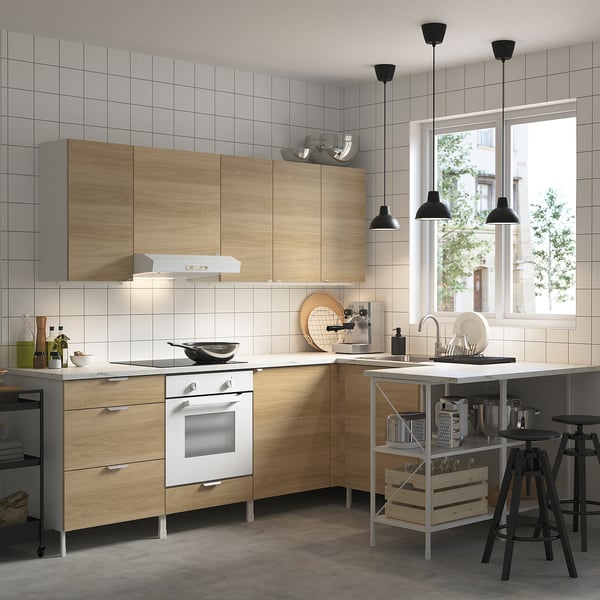 ENHET Corner kitchen, white/oak effect, 222 cm
