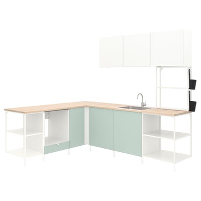 ENHET Corner kitchen, white/pale grey-green white, 226 cm