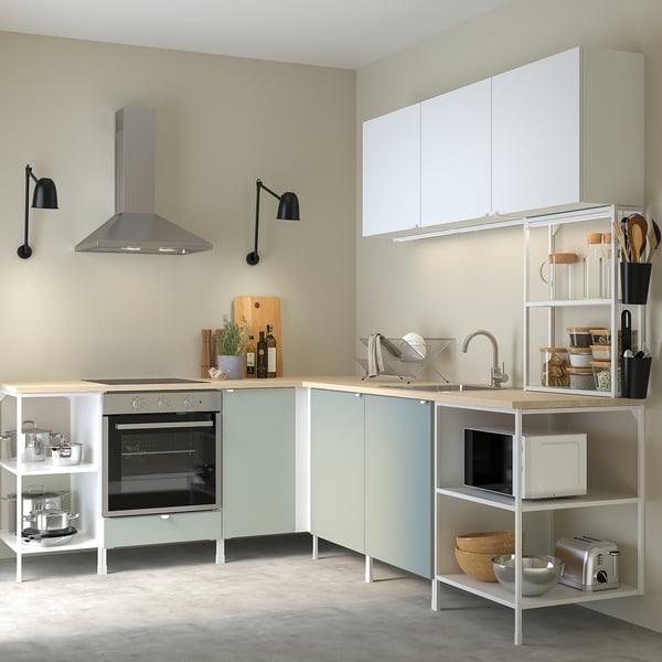 ENHET Corner kitchen, white/pale grey-green white, 226 cm