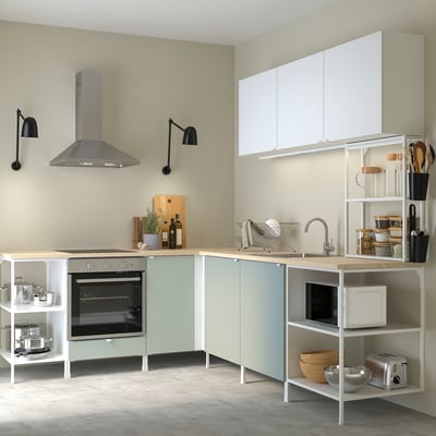ENHET Corner kitchen, white/pale grey-green white, 226 cm