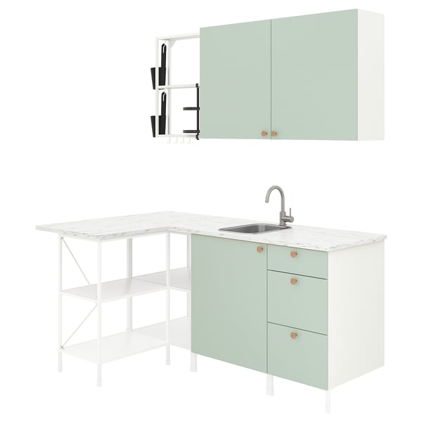 ENHET Corner kitchen, white/pale grey-green, 222.0 cm