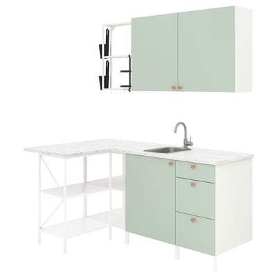 ENHET Corner kitchen, white/pale grey-green, 222.0 cm
