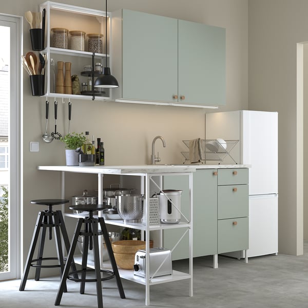 ENHET Corner kitchen, white/pale grey-green, 222.0 cm