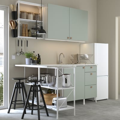 ENHET Corner kitchen, white/pale grey-green, 222.0 cm