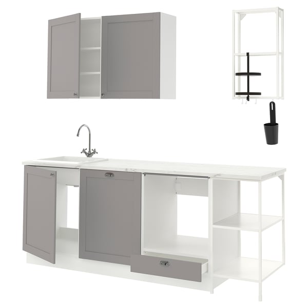 ENHET Kitchen, white/grey frame, 223x63.5x222 cm