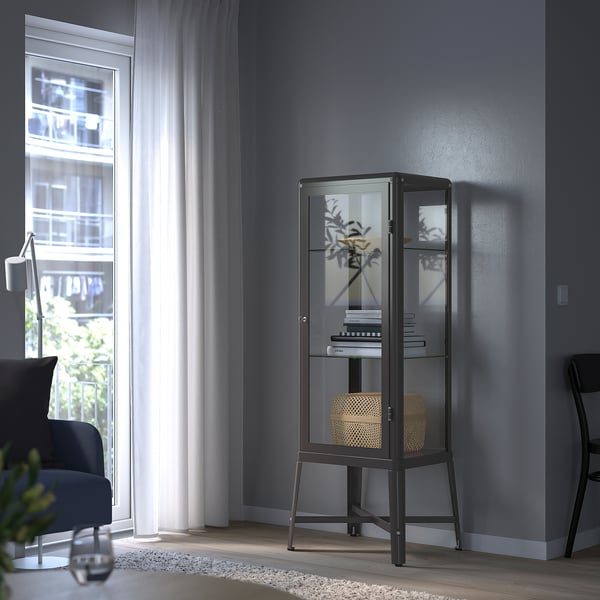 FABRIKÖR Glass-door cabinet, dark grey, 57x150 cm