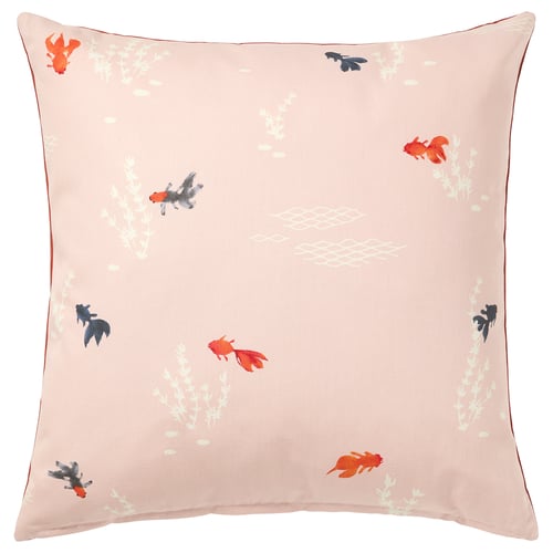 A peach-colored FÖSSTA cushion with a traditional chinese goldfish and aquatic plant design. Its square-shaped and made from 100% cotton.