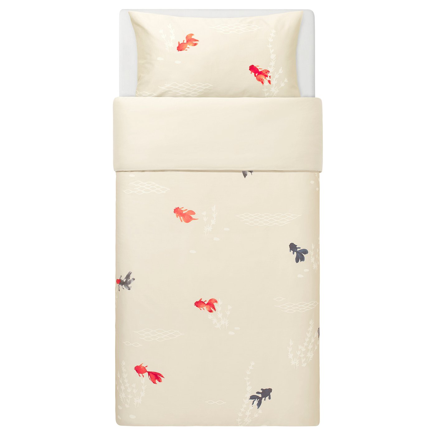 A FÖSSTA duvet cover set featuring playful goldfish on 100% cream cotton, perfect for bedroom decoration.