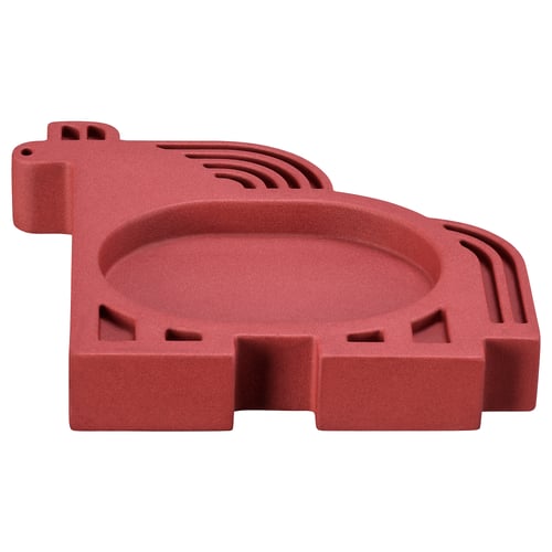 Red concrete candle holder with curved design,.