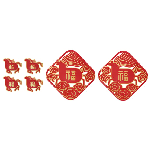 Six red paper new year decorations featuring horses and chinese characters. Two large diamond-shaped, two smaller rectangular, and two horse shapes.