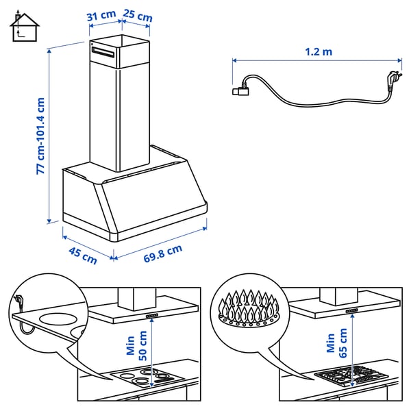 FOKUSERA Wall mounted extractor hood, black, 70 cm