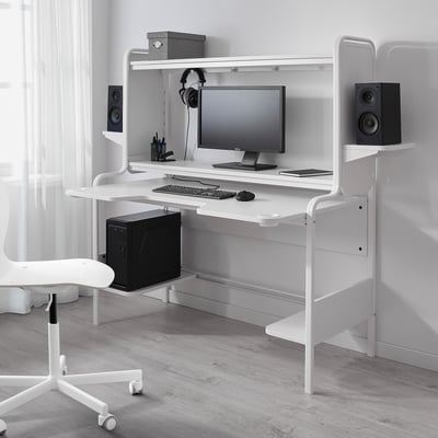FREDDE Gaming desk, white, 140/185x74x146 cm