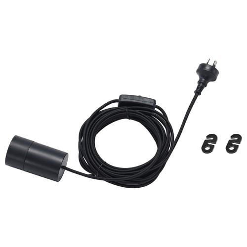 Black GÅNGBORD cord set, 6m long with switch, fits various lamps, includes mounting accessories.