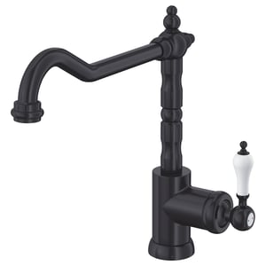 Black GLITTRAN kitchen tap with a curve arm and white handle.