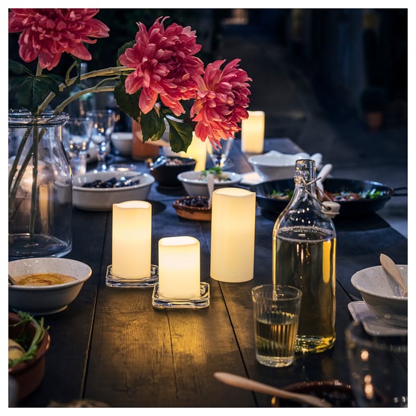 GODAFTON LED block candle in/out, set of 3, battery-operated/natural