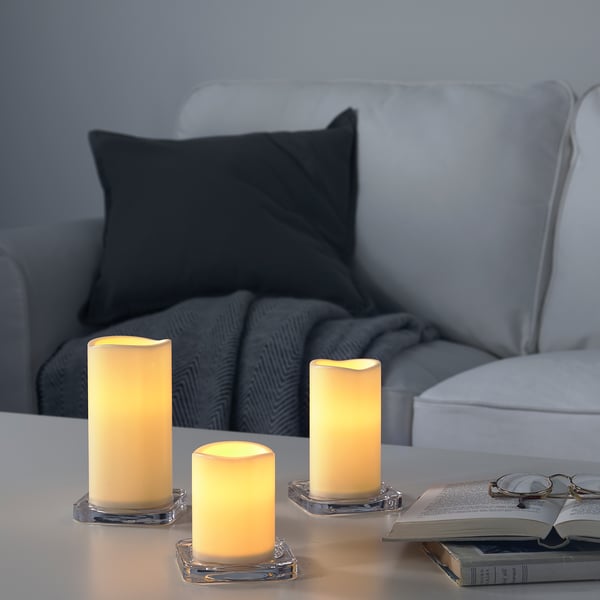 GODAFTON LED block candle in/out, set of 3, battery-operated/natural