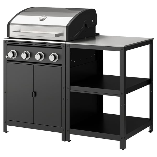 Black outdoor gas grill with three burners and shelves. Modern design with stainless steel top.