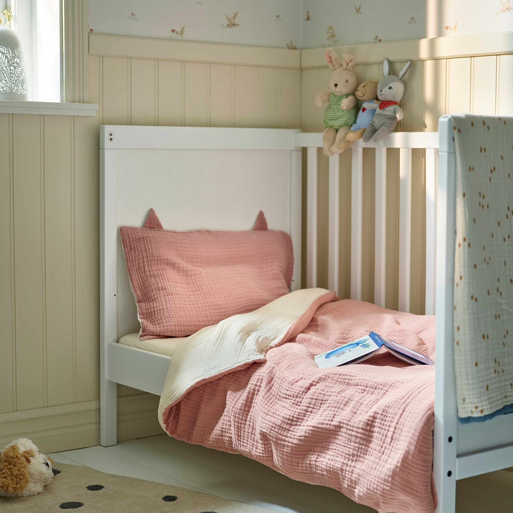 GULDVÄVARE 3-piece bedlinen set for cot, pale pink/beige, 70x132 cm