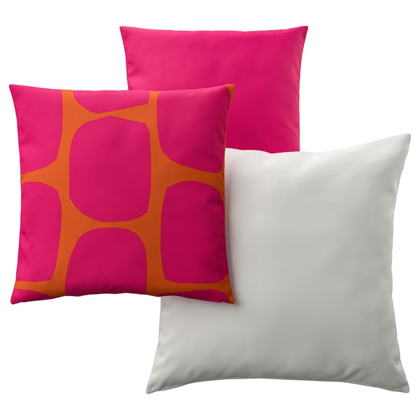 GULLBERGSÖ / HJÄRTERÖ Cushion, set of 3, mixed sizes bright pink/bright orange/off-white out/indoor