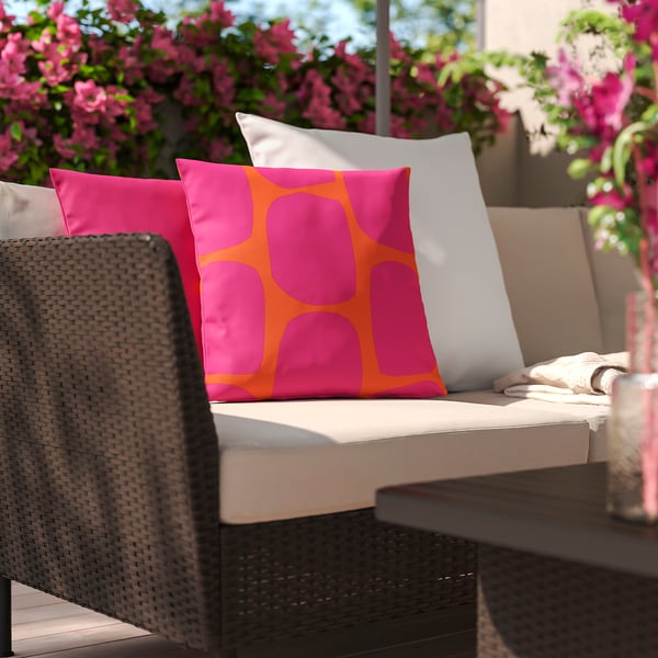 GULLBERGSÖ / HJÄRTERÖ Cushion, set of 3, mixed sizes bright pink/bright orange/off-white out/indoor