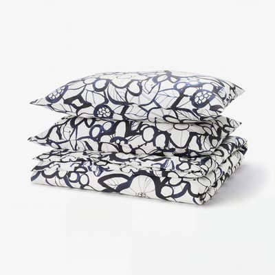 HÄRLIR Duvet cover and 2 pillowcases, white black/blue floral pattern, 240x220/50x80 cm