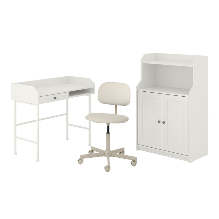 HAUGA/BLECKBERGET desk and storage combination, and swivel chair white