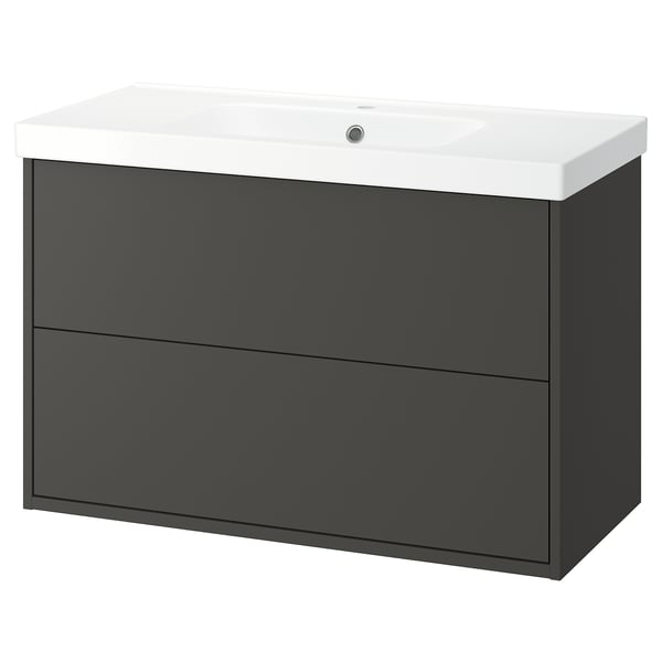 A modern grey bathroom cabinet with a white sink on top. It has two large drawers for storage.