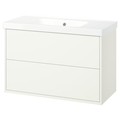HAVBÄCK white bathroom vanity, glossy, wall-mounted, 2 drawers, ceramic basin.