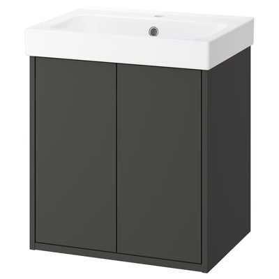 This image a modern bathroom vanity named HAVBÄCK in dark grey, with a sleek design and a pristine white ceramic sink.