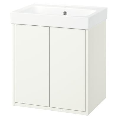 White HAVBÄCK vanity, sleek modern design, single basin, wall mount, two doors.