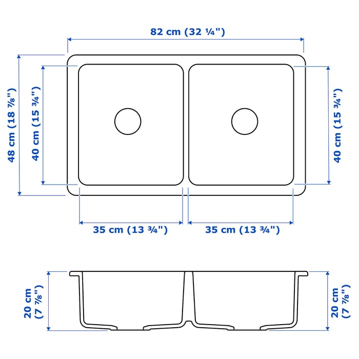 HAVSEN sink bowl, 2 bowls w visible front, white, 82x48 cm IKEA