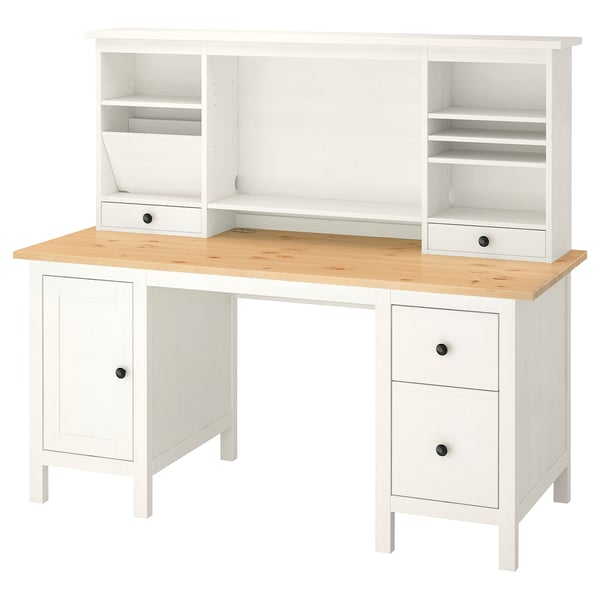 HEMNES desk with addon unit, white stain light brown, 155x137 cm IKEA