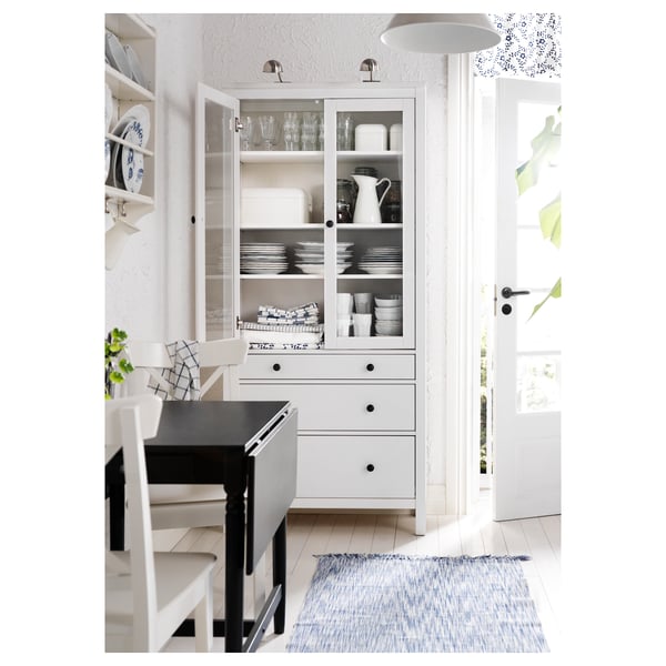 HEMNES Glass-door cabinet with 3 drawers, white stain, 90x198 cm