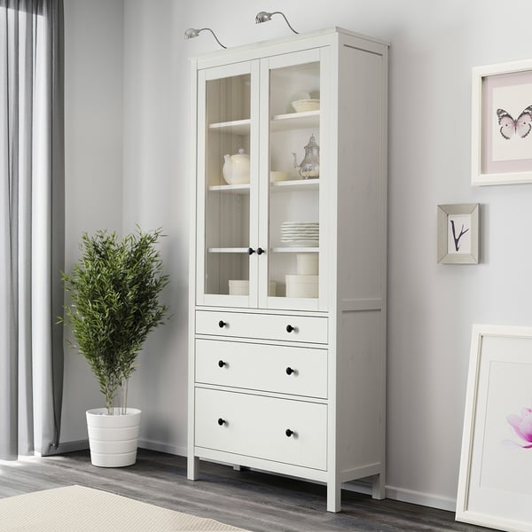 HEMNES Glass-door cabinet with 3 drawers, white stain, 90x198 cm