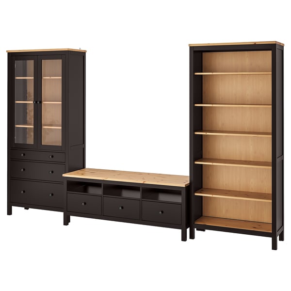 HEMNES TV storage combination, black-brown/light brown clear glass, 326x198 cm